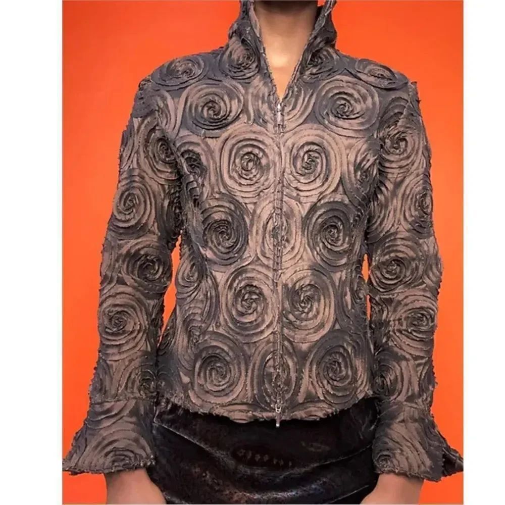 Samuel Dong Coffee Brown Swirl Pattern Zip Up Jacket Size L